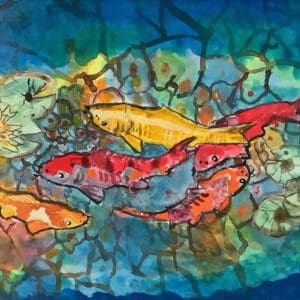 A painting of fish swimming in the ocean.