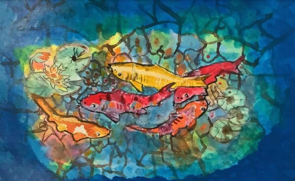 A painting of fish swimming in the ocean.