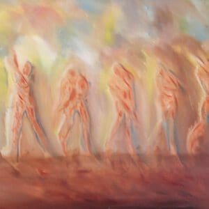 A painting of several naked women in front of a wall.