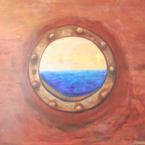 A painting of the ocean through a porthole.