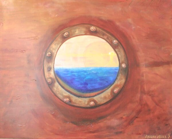 A painting of the ocean through a porthole.