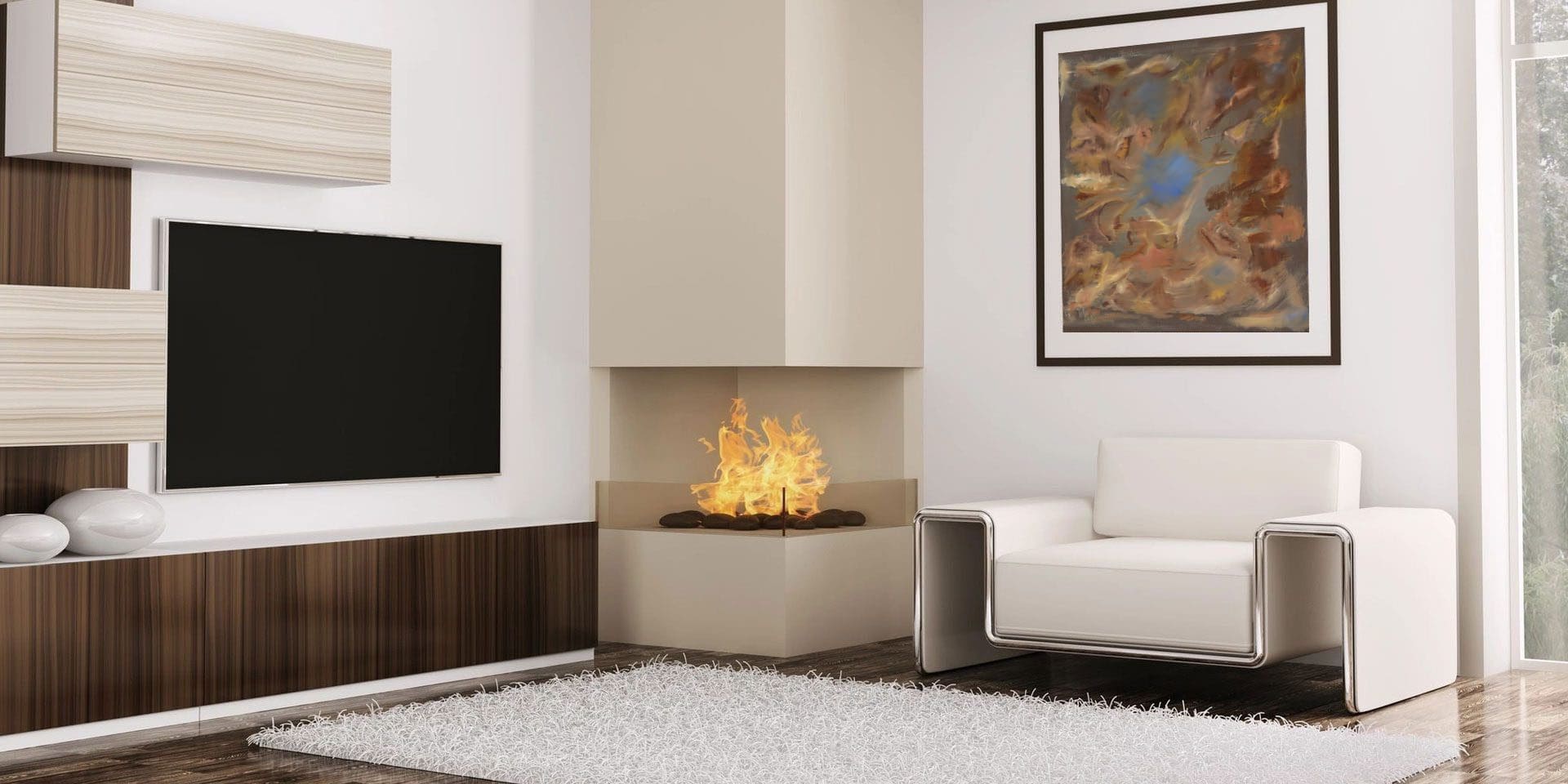 A living room with a fireplace and a white couch