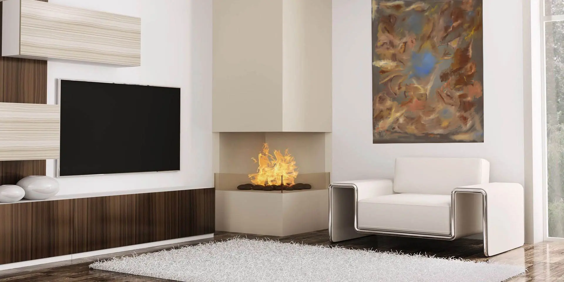 A corner fireplace in the center of a living room.