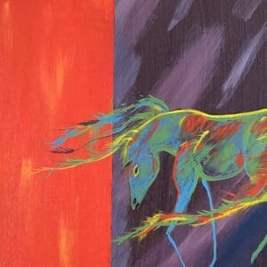 A painting of a horse running in front of a red wall.