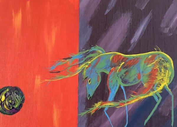 A painting of a horse running in front of a red wall.