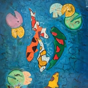 A painting of colorful fish swimming in the water.