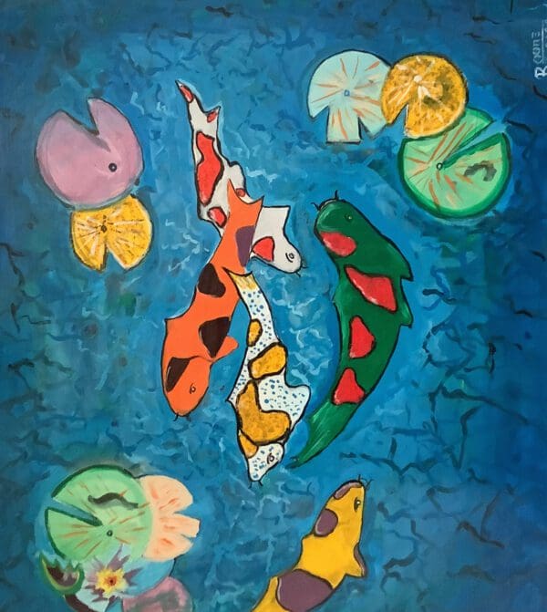 A painting of colorful fish swimming in the water.