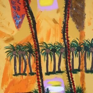 A painting of palm trees and sun setting.