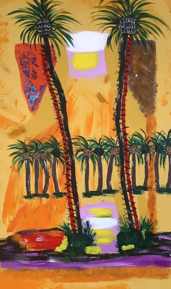 A painting of palm trees and sun setting.