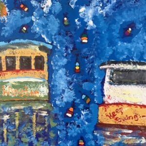A painting of a train on the tracks.
