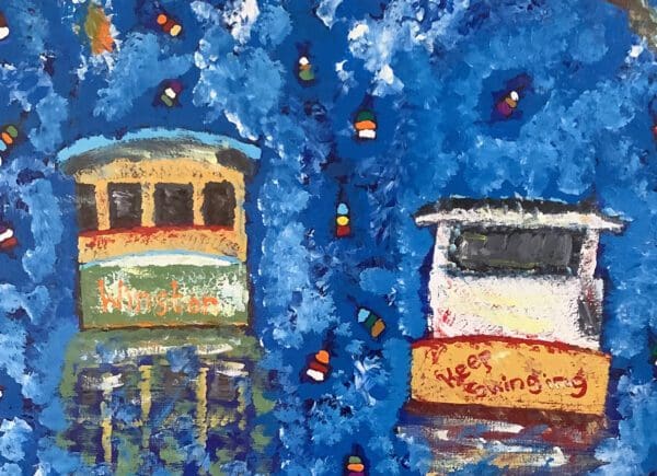A painting of a train on the tracks.