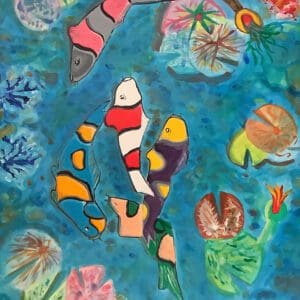 A painting of fish swimming in the water.