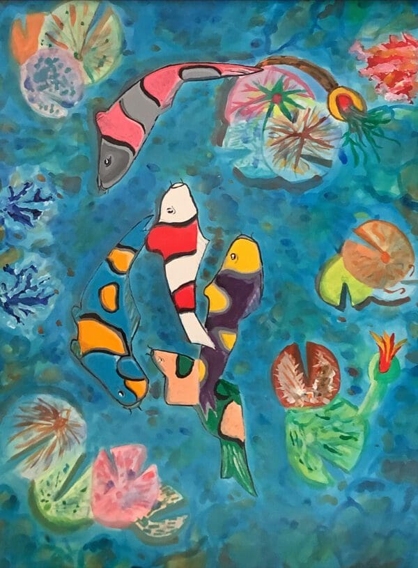 A painting of fish swimming in the water.