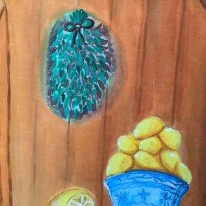 A painting of a blue wall with lemons and a basket