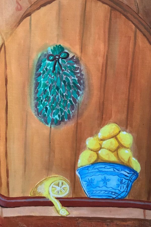 A painting of a blue wall with lemons and a basket