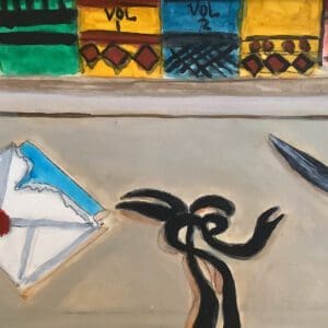 A painting of an envelope and a knife