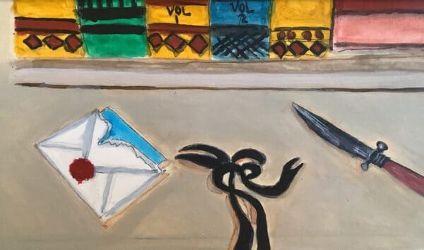 A painting of an envelope and a knife