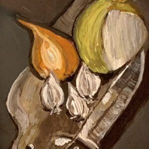 A painting of vegetables on a plate