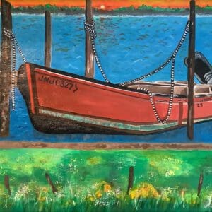 A painting of a boat in the water