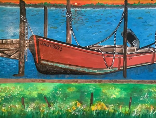A painting of a boat in the water