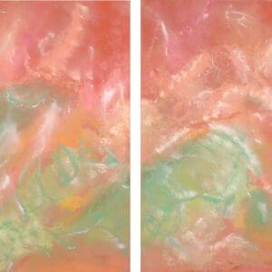 Abstract pastel painting with pink, orange, and green.