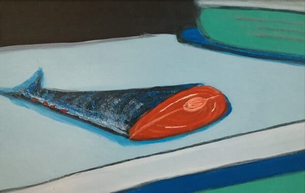 A painting of a fish on top of a table.
