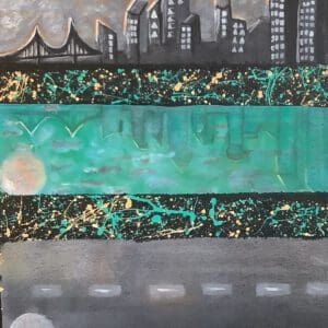 A painting of the city skyline with green and black paint.