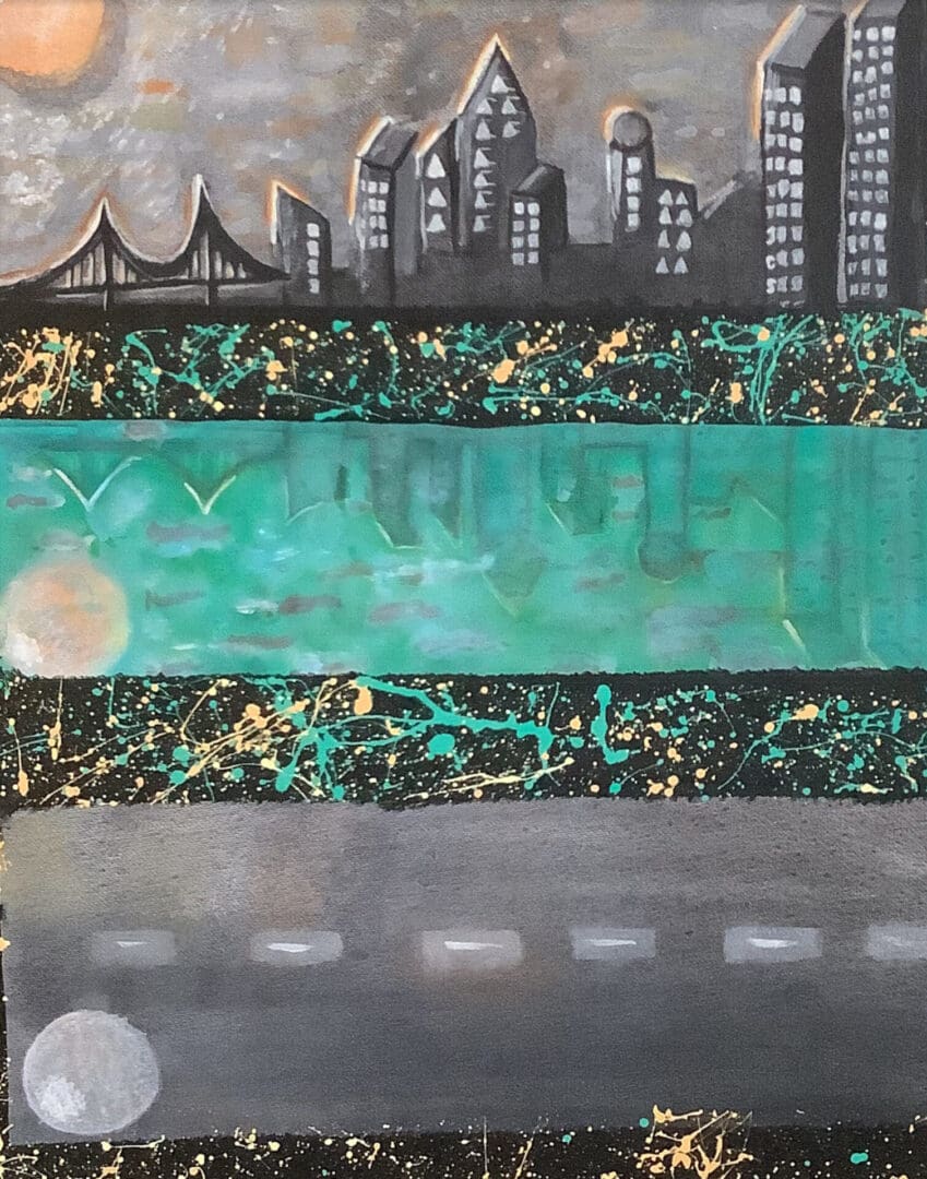 A painting of the city skyline with green and black paint.