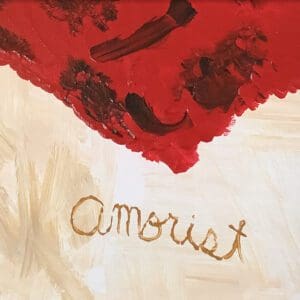 Red abstract painting signed "Amorist"