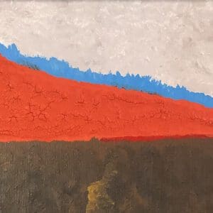Abstract painting with red, blue, and grey.