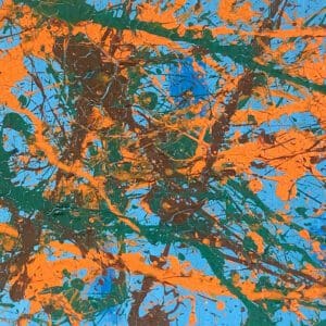 Abstract painting in orange, blue, and green.