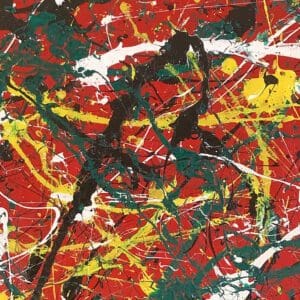Abstract painting in red, yellow, green, and black.