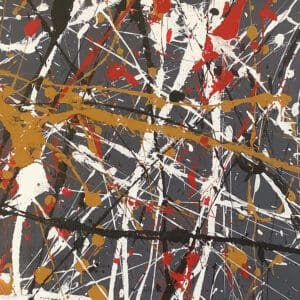 Abstract painting with white, black, gold, and red paint.