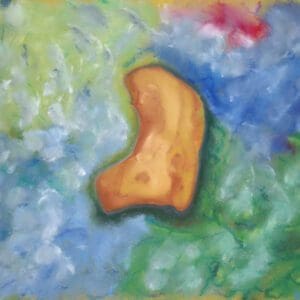 Abstract painting with orange shape on blue background.
