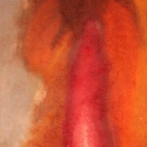 Abstract painting with red, orange, and brown.